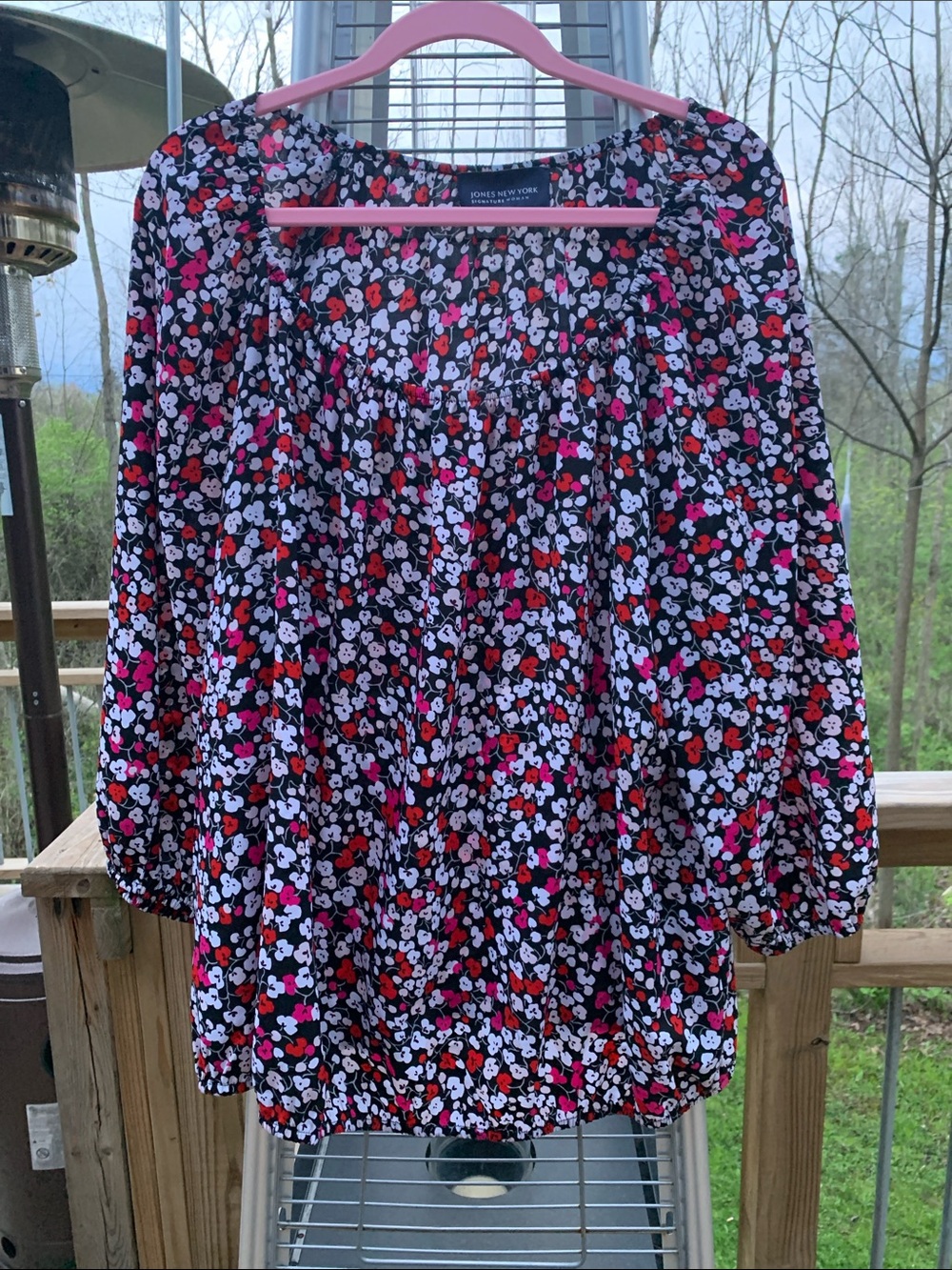 Jones New York Black Floral Blouse with Pink and Red Accents